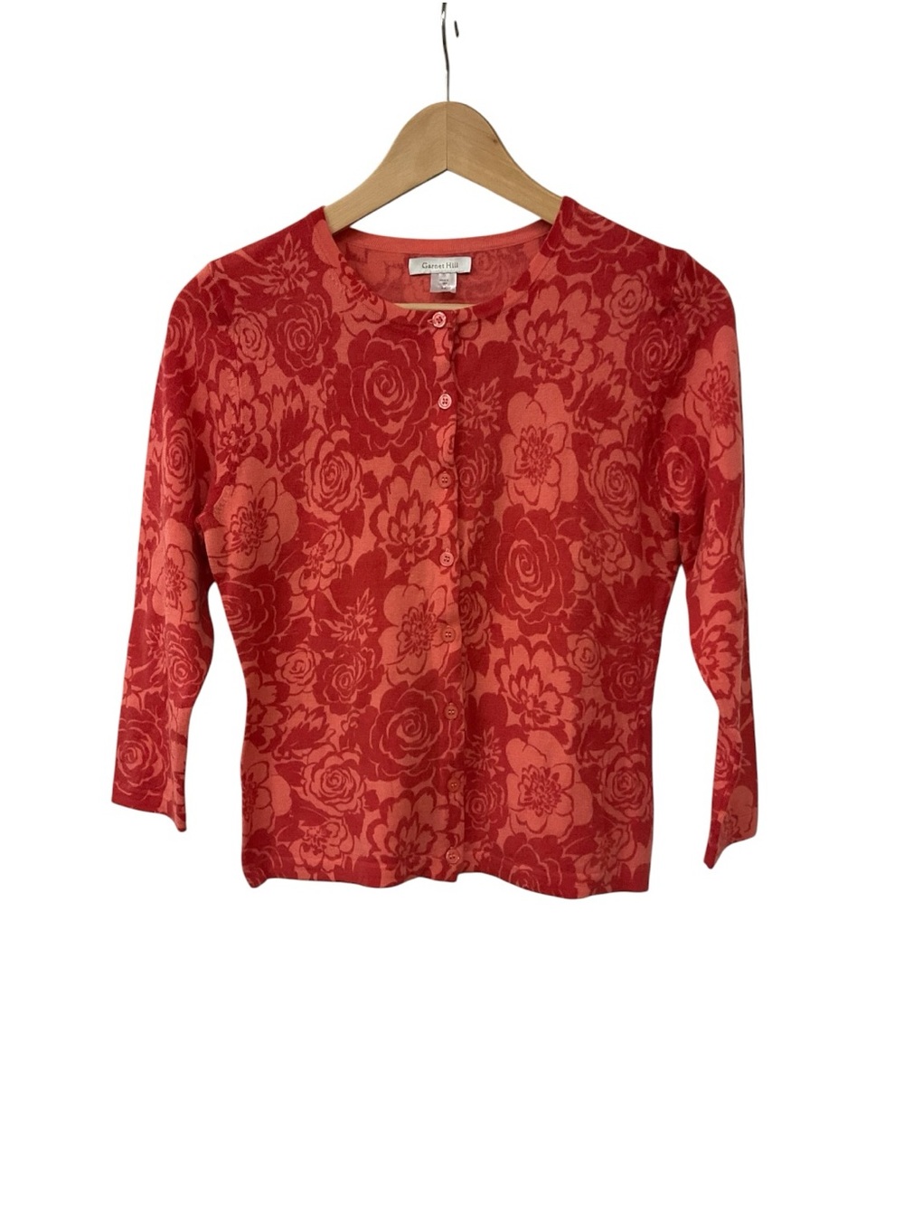 Y2K Garnet Hill Merino Wool Orange Red Floral Mini Preppy Cardigan XS